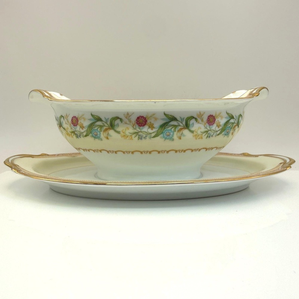 Vintage Noritake Moselle 7233 Gravy Boat Attached Underplate Gold Trim Japan